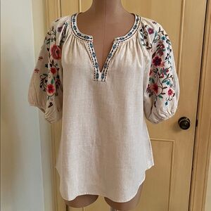 UMGEE Boho Festival Granola Girl Linen Floral Embroidered Puff SLV Cream Top M